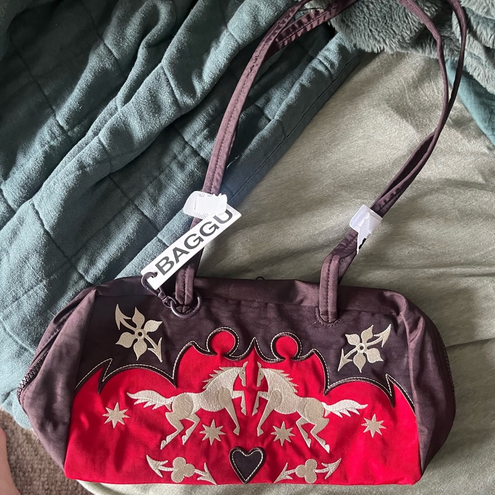 Baggu Red and Brown Shoulder Bag with Embroidered Details